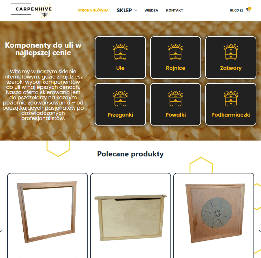Strona główna sklepu carpenhive.pl z asortymentem pszczelarskim, zbudowanego na WooCommerce